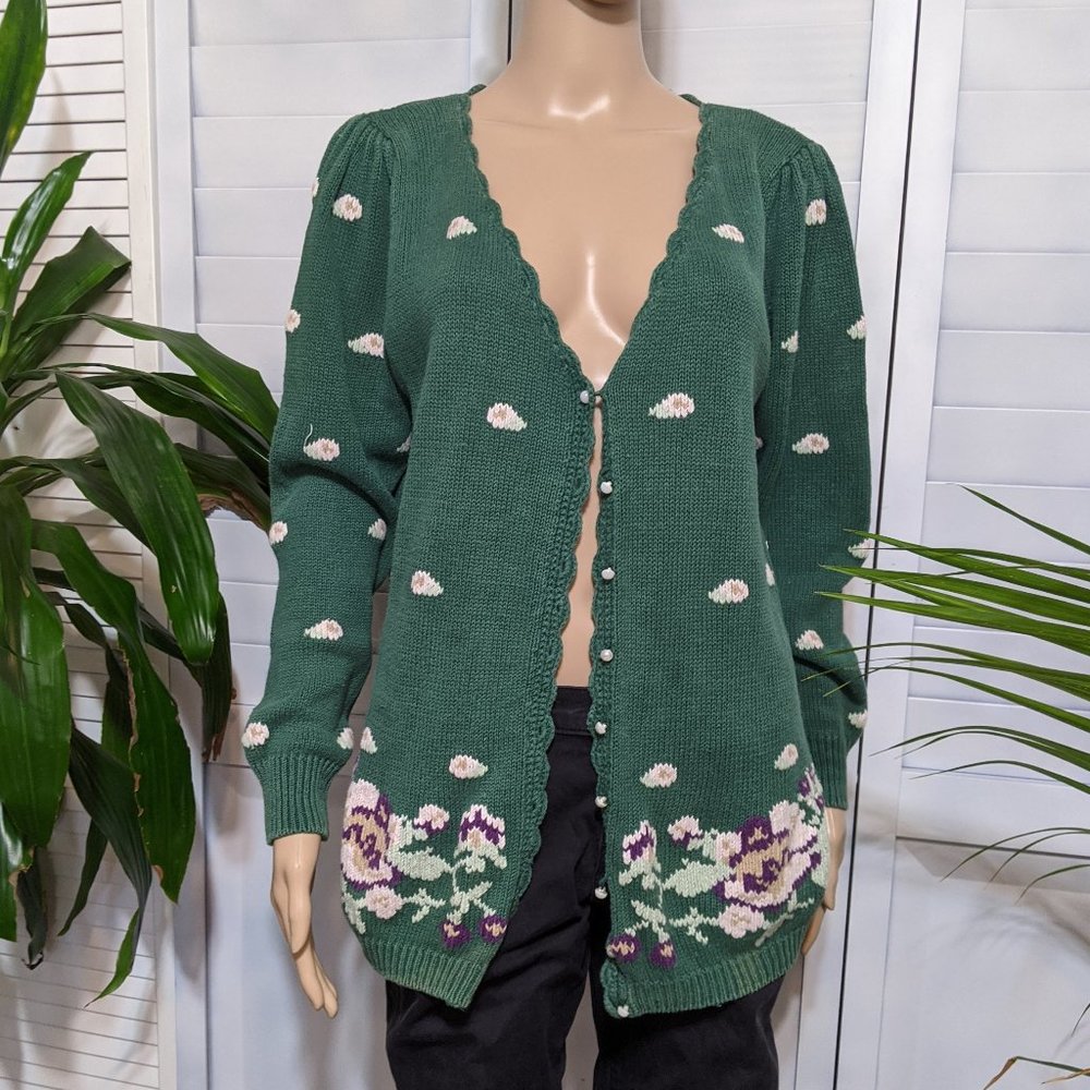 Vintage Green Embroidered Cardigan Pearl Buttons